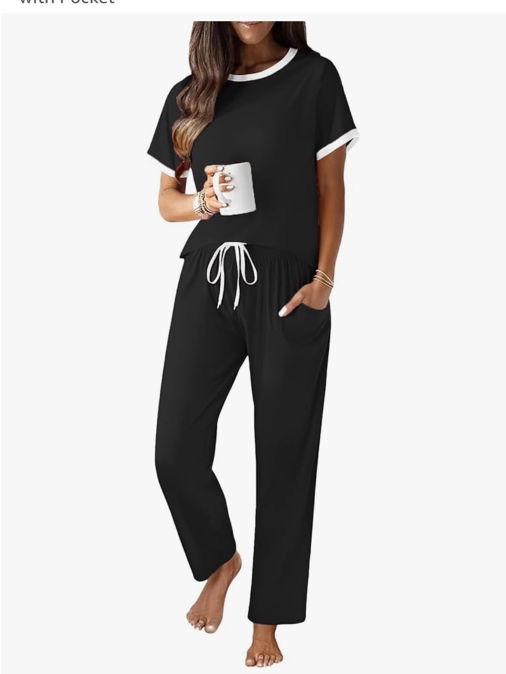 Black Two-Piece Loungewear Set with White Trim